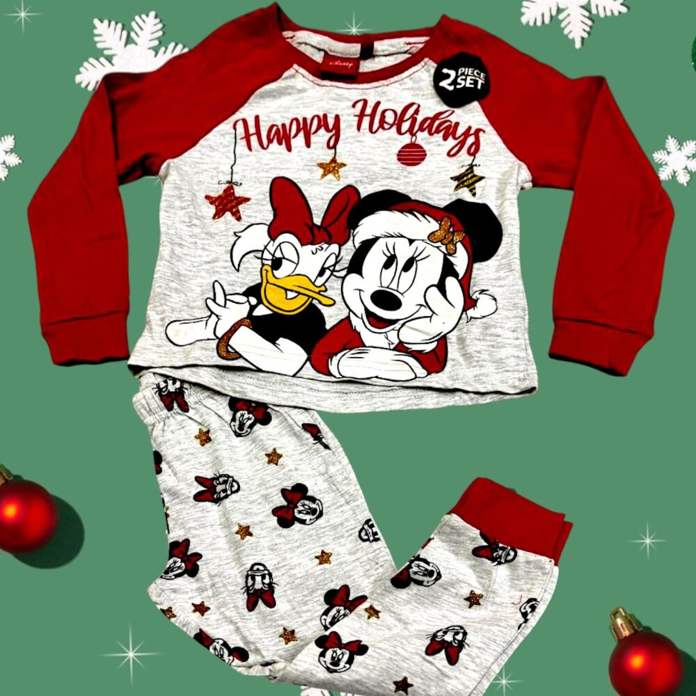 Disney Kids Holiday Pajama Set – Minnie & Daisy Print – Happy Holidays Long Slee